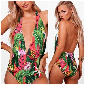 Boohoo Green Red Tropical Floral Plunge Halter Neck One Piece Swimsuit Size 12